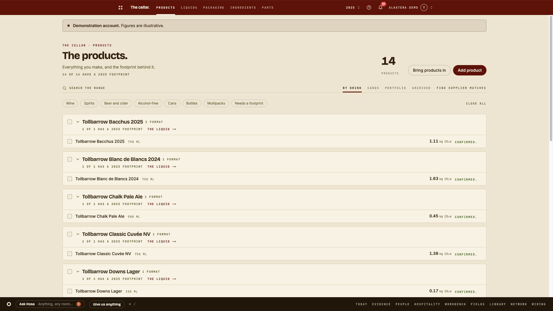 alkatera products page listing wines and beers with the carbon footprint of each bottle in kg CO2e and a confirmed data status